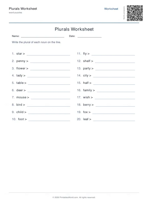Free printable plurals worksheet (20 problems, with answer key), PDF download