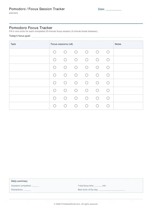 Free printable pomodoro / focus session tracker — PDF download