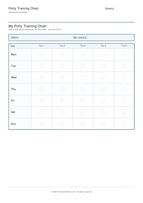 Free printable potty training chart — 5 times a day — PDF download