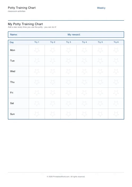 Free printable potty training chart — 6 times a day — PDF download