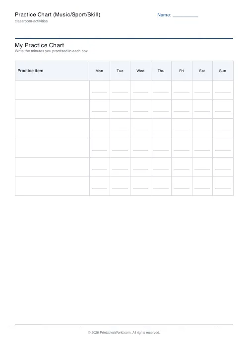 Free printable practice chart — Minutes line — PDF download
