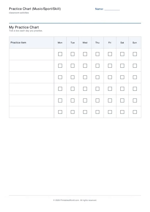 Free printable practice chart — Tick boxes — PDF download