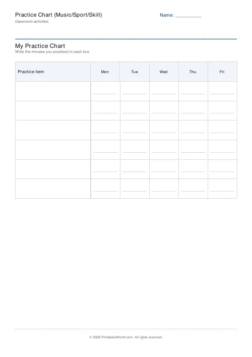 Free printable practice chart — 5 days — PDF download