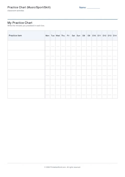 Free printable practice chart — 14 days (fortnight) — PDF download