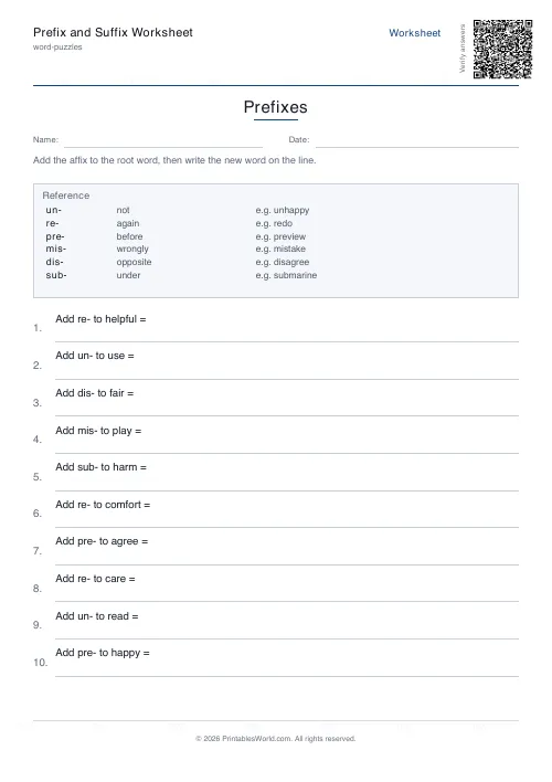 Free printable prefix and suffix worksheet — Prefixes — PDF download