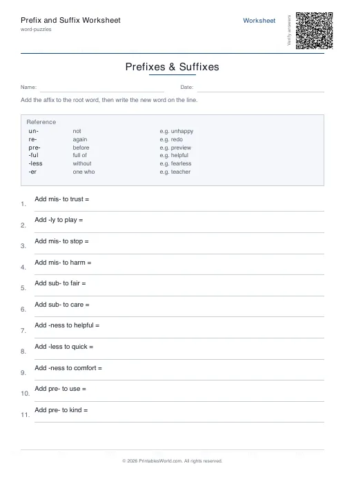 Free printable prefix and suffix worksheet — 12 problems, with answer key — PDF download