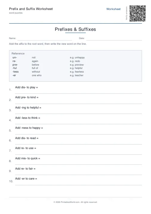 Free printable prefix and suffix worksheet — Both — PDF download