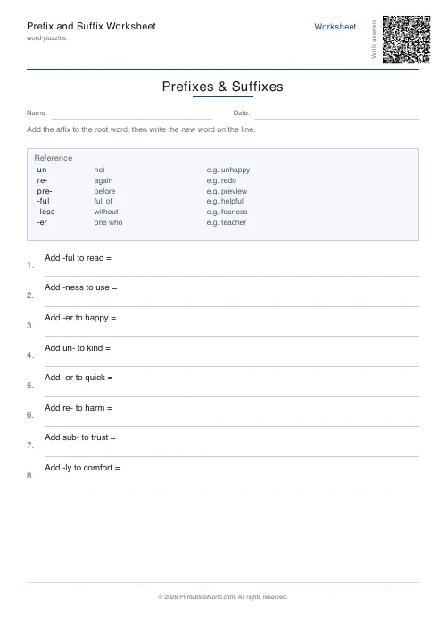 Free printable prefix and suffix worksheet — 8 problems — PDF download