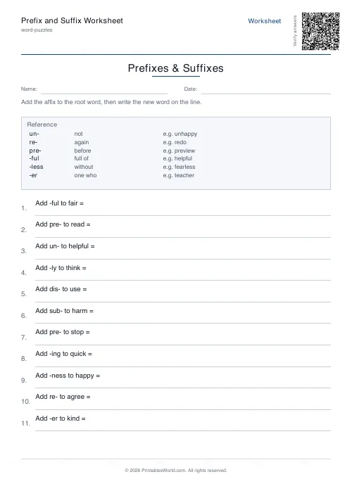 Free printable prefix and suffix worksheet — 12 problems — PDF download