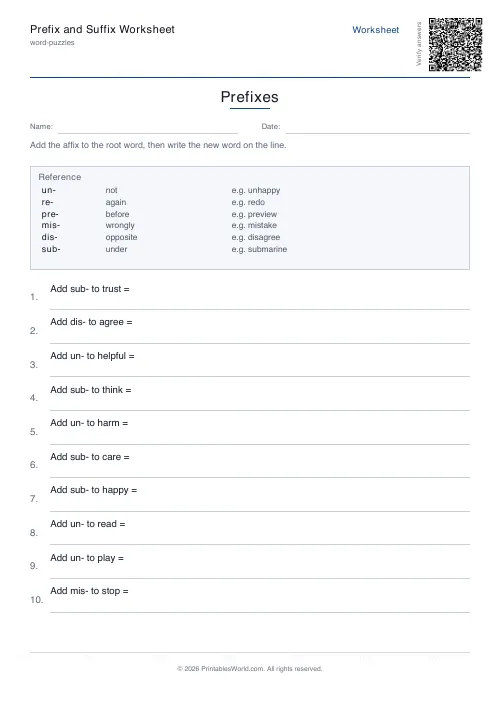 Free printable prefix and suffix worksheet — Prefixes, with answer key — PDF download