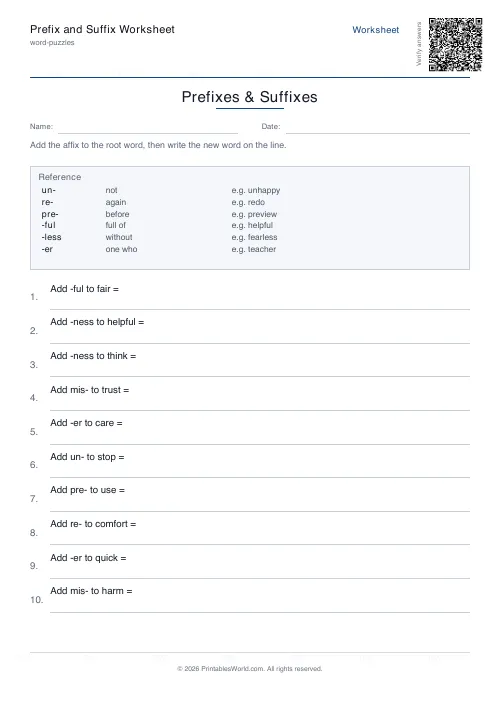 Free printable prefix and suffix worksheet — Both, with answer key — PDF download