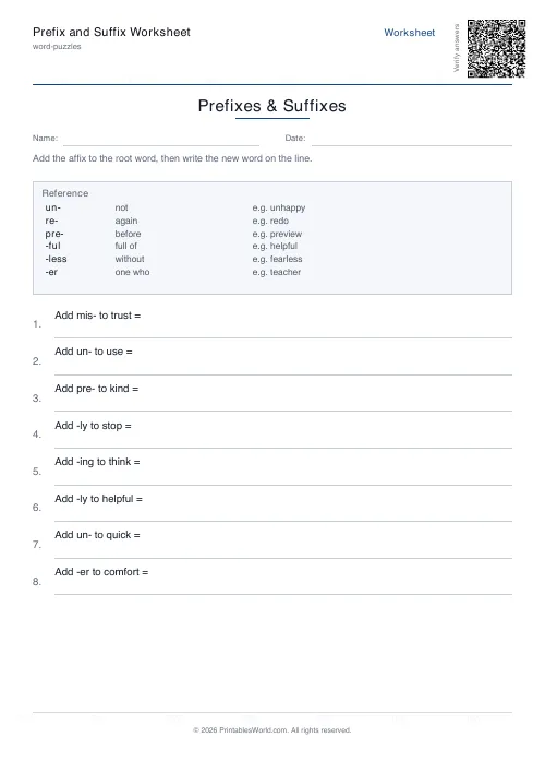 Free printable prefix and suffix worksheet — 8 problems, with answer key — PDF download