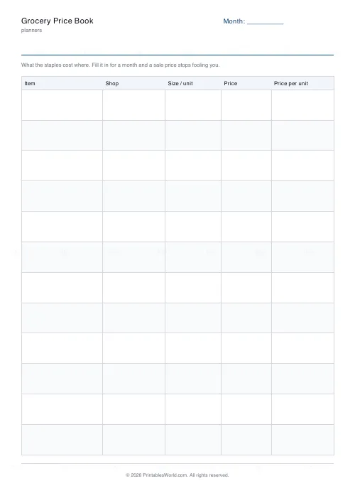Free printable grocery price book (12 rows), PDF download
