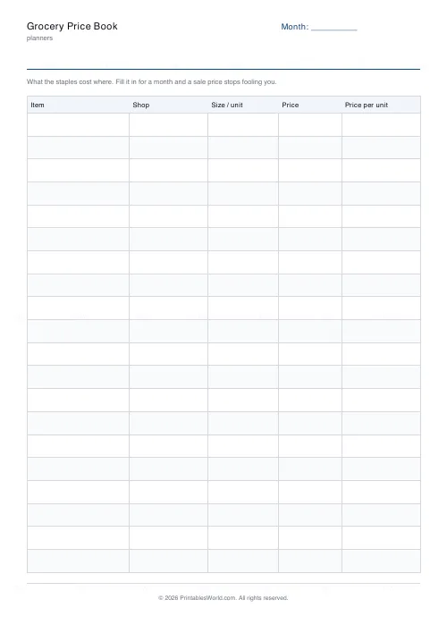 Free printable grocery price book (No name and date band), PDF download