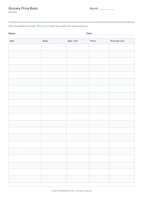 Free printable grocery price book (With a name and date band), PDF download