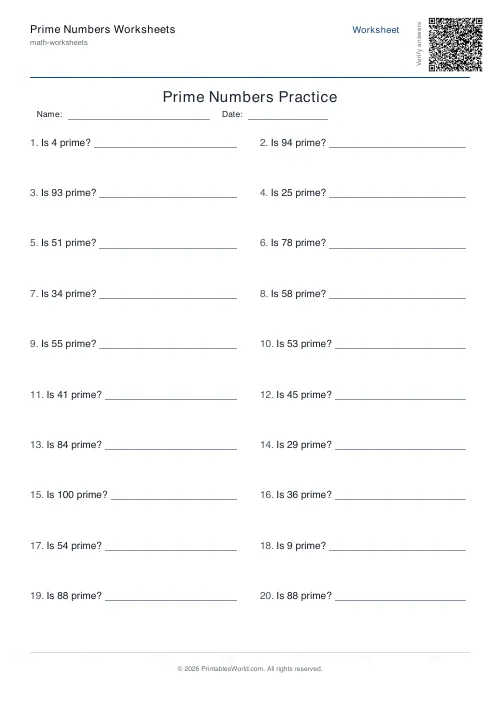 Free printable prime numbers worksheet — Identify primes — PDF download