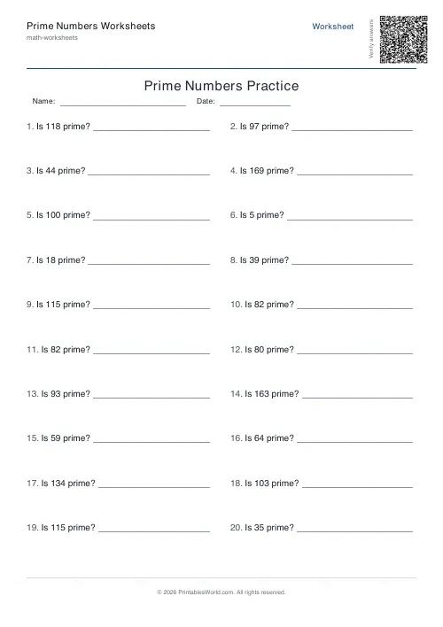 Free printable prime numbers worksheet — 200, with answer key — PDF download