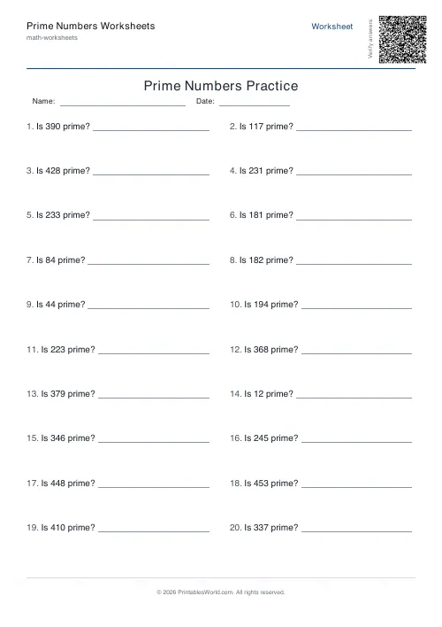 Free printable prime numbers worksheet — 500, with answer key — PDF download
