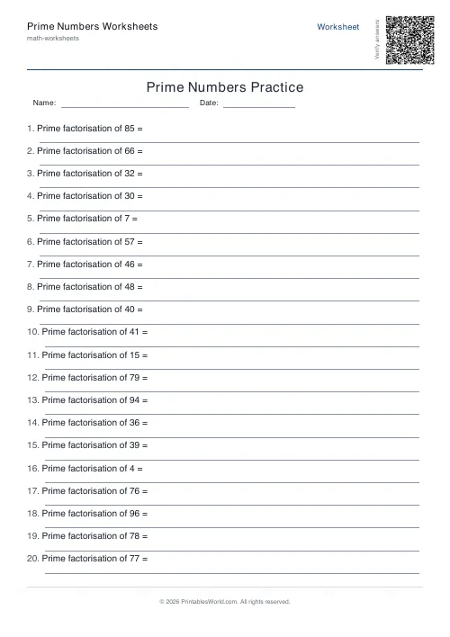 Free printable prime numbers worksheet — Prime factorisation — PDF download