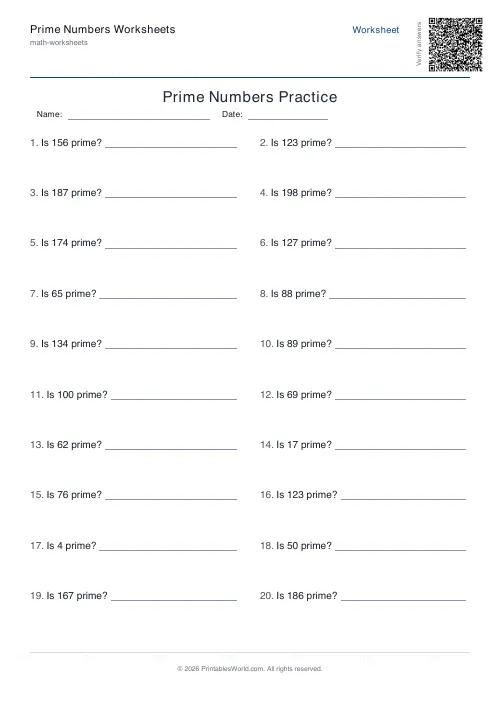 Free printable prime numbers worksheet — 200 — PDF download