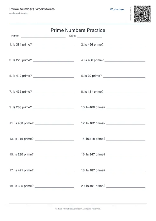 Free printable prime numbers worksheet — 500 — PDF download