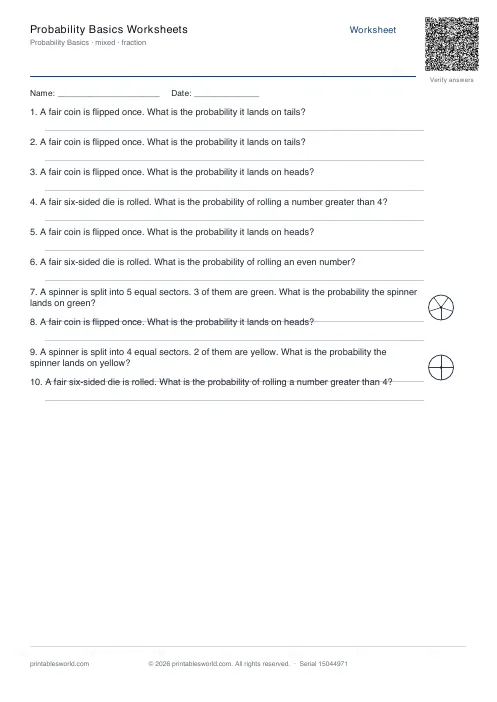 Free printable probability Basics Worksheets PDF — sheet 12