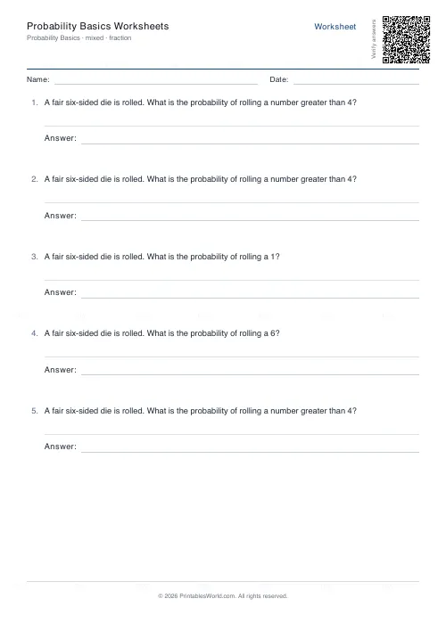 Free printable basic probability worksheet (Fraction, with answer key), PDF download