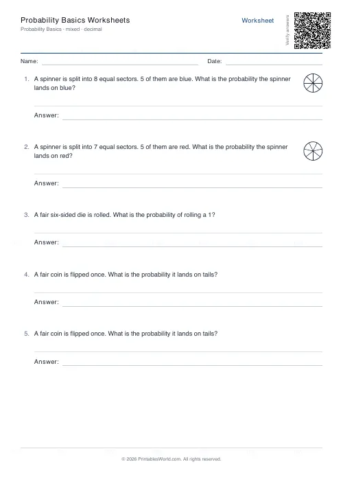 Free printable basic probability worksheet (Decimal, with answer key), PDF download