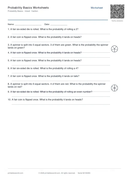 Free printable probability Basics Worksheets PDF — sheet 2