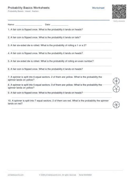 Free printable probability Basics Worksheets PDF — sheet 6