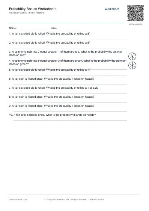 Free printable probability Basics Worksheets PDF — sheet 7