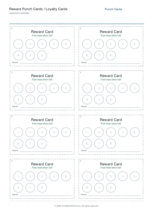 Free printable reward punch card — 8 punches — PDF download