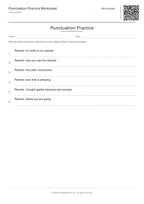 Free printable punctuation practice worksheet — 6 sentences — PDF download