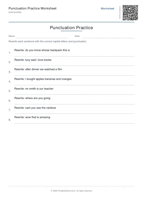 Free printable punctuation practice worksheet — 10 sentences — PDF download