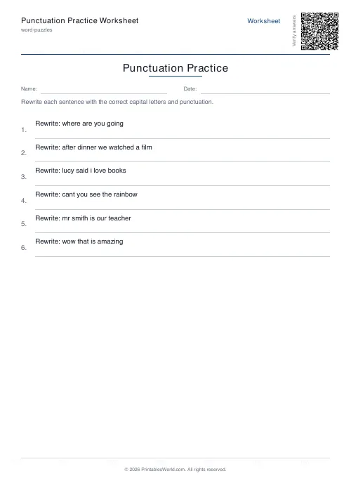 Free printable punctuation practice worksheet — 6 sentences, with answer key — PDF download