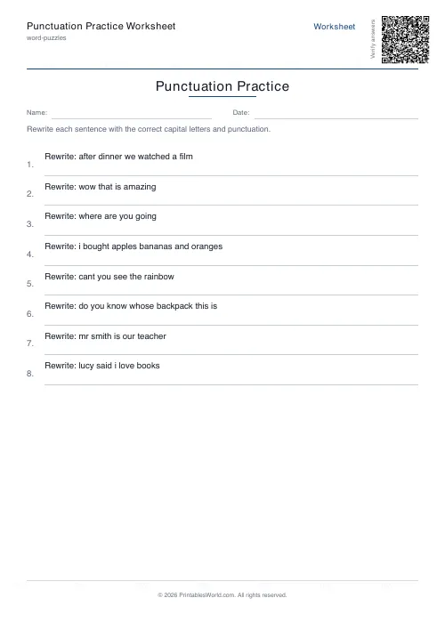 Free printable punctuation practice worksheet — 10 sentences, with answer key — PDF download