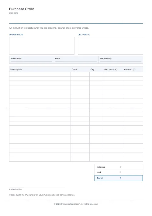 Free printable purchase order and quote (20 line items), PDF download