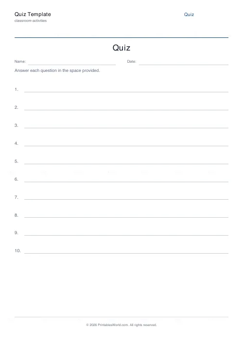 Free printable blank quiz template (10), PDF download