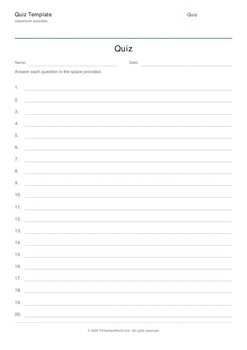 Free printable blank quiz template (20), PDF download