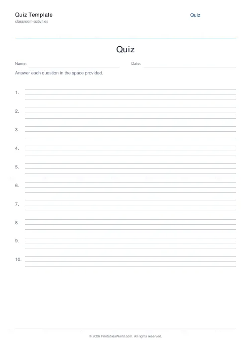 Free printable blank quiz template (Lined), PDF download