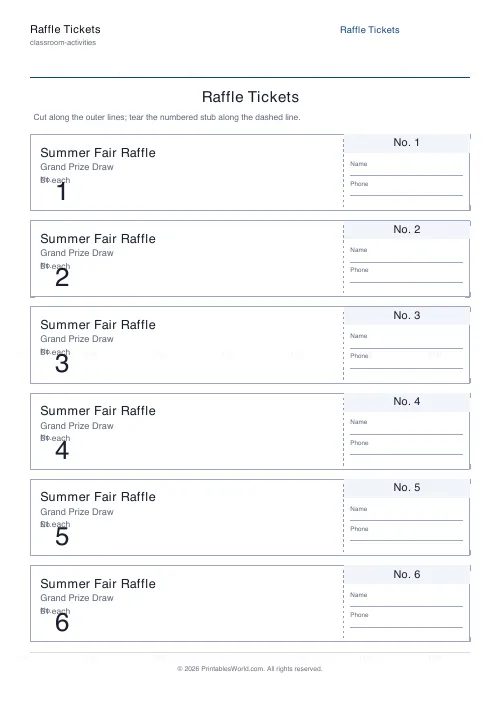 Free printable raffle tickets (6), PDF download