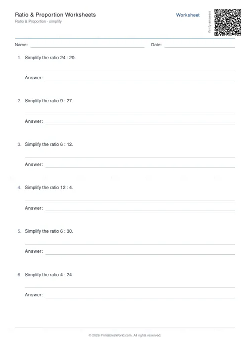 Free printable ratio and proportion worksheet (Simplify ratio), PDF download