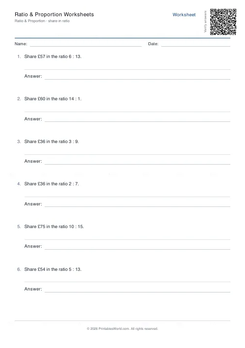 Free printable ratio and proportion worksheet (Share in a ratio, with answer key), PDF download