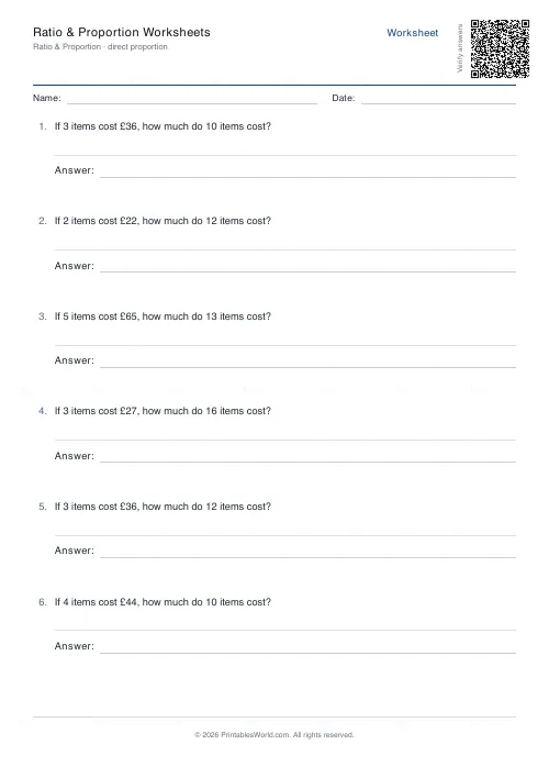 Free printable ratio and proportion worksheet (Direct proportion, with answer key), PDF download