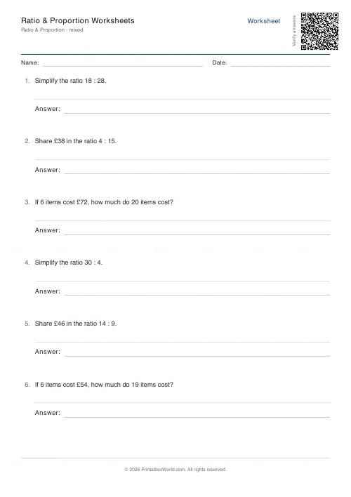 Free printable ratio and proportion worksheet (Mixed, with answer key), PDF download