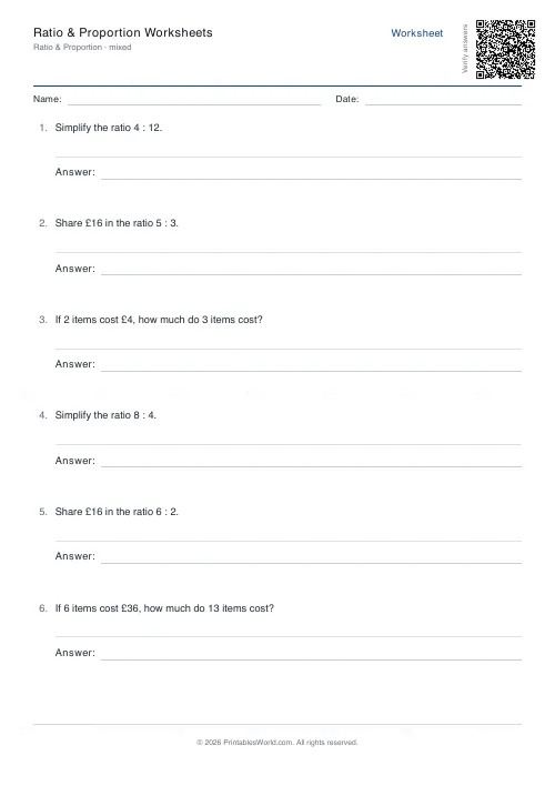 Free printable ratio and proportion worksheet (Up to 30, with answer key), PDF download