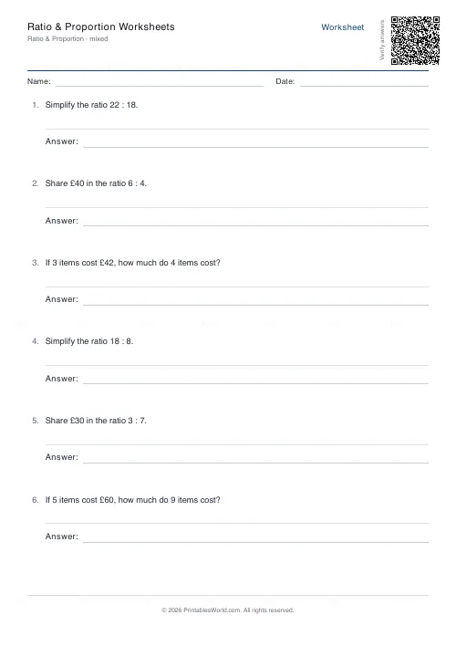 Free printable ratio and proportion worksheet (Up to 60, with answer key), PDF download