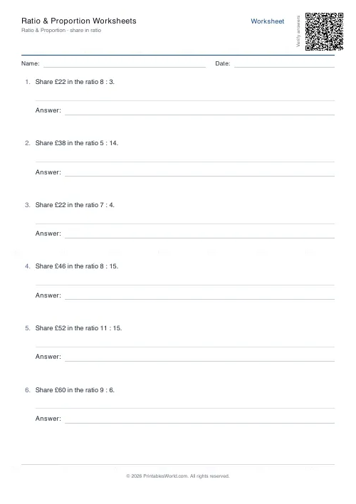 Free printable ratio and proportion worksheet (Share in a ratio), PDF download