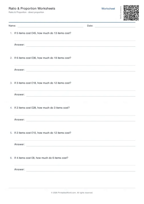 Free printable ratio and proportion worksheet (Direct proportion), PDF download