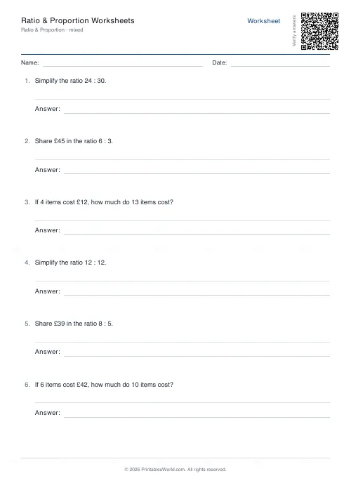 Free printable ratio and proportion worksheet (Mixed), PDF download